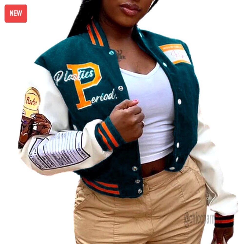 Varsity Patch Cropped Leather Jacket Casual Festi… - image 1